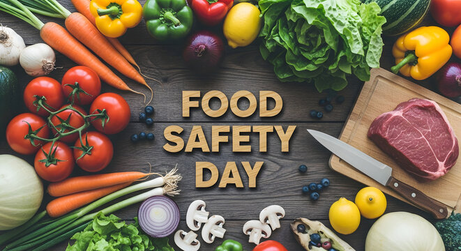 Food safety day fresh produce and meat on wooden table