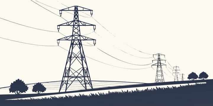Illustration of power pylons and transmission lines stretching across a grassy landscape under a light sky with power pylon transmission line high voltage energy trans