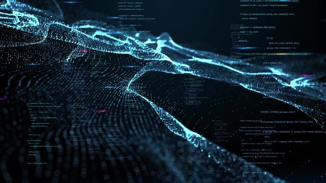 glowing code  overlay, symbolizing programming, software development, cybersecurity, and digital technology on abstract wave background.
