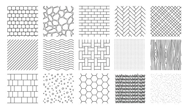 Geometric architectural floor patterns, set of 15 vector line textures, paving stone and brick masonry swatches for landscape design and interior planning