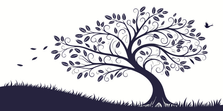 Ornate silhouette tree with swirling branches falling leaves flying bird tree art decorative branches silhouette branches decorative illustration botanical
