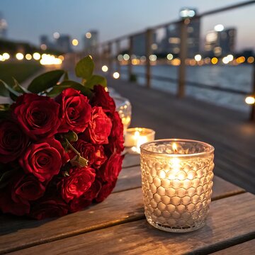 Red roses bouquet and candles on a wooden table at night city view