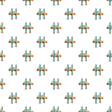 Seamless pattern featuring a yellow car on a blue hydraulic lift for vehicle maintenance