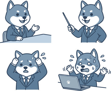 プレゼンやトラブル対応をする柴犬ビジネスキャラクターセット