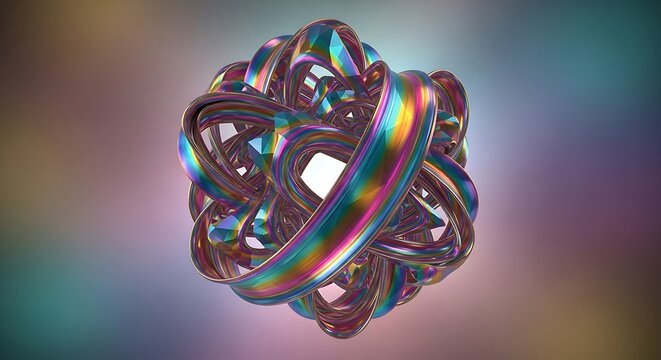 Iridescent metallic torus knot structure against a blurred gradient background