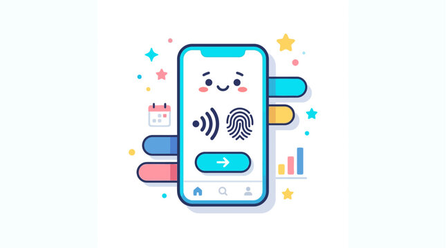 Cute Smartphone Illustration with Biometric Security, WiFi, and Data Analytics Icons in Kawaii Flat Design Style