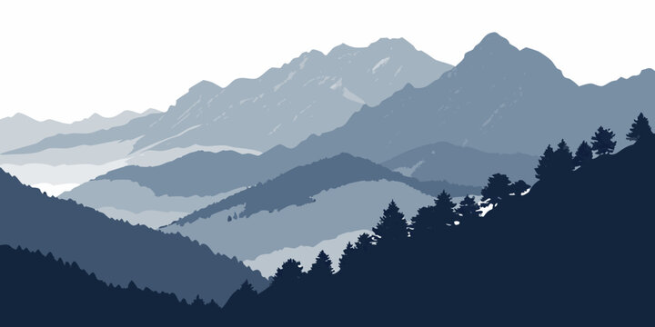 Layered mountain range landscape with pine forest and atmospheric valleys illustration in blue tones simple art mountain illustration landscape stylized outdoors