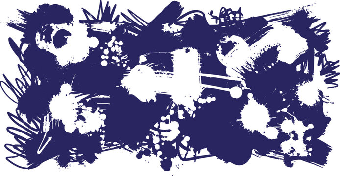 A deep navy blue and white abstract pattern featuring messy ink splatters, artistic brush strokes, and distressed textures in a seamless doodle style.