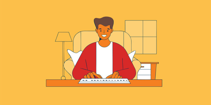 Stylized illustration of a visually impaired man using a braille keyboard in a cozy home setting