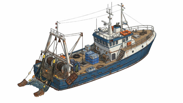 Isometric View Trawling Fishing Vessel Vector Illustration Isolated on White Background