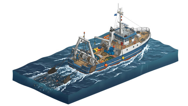 Isometric View Landscape Trawling Fishing Vessel Vector Illustration on Isolated White Background