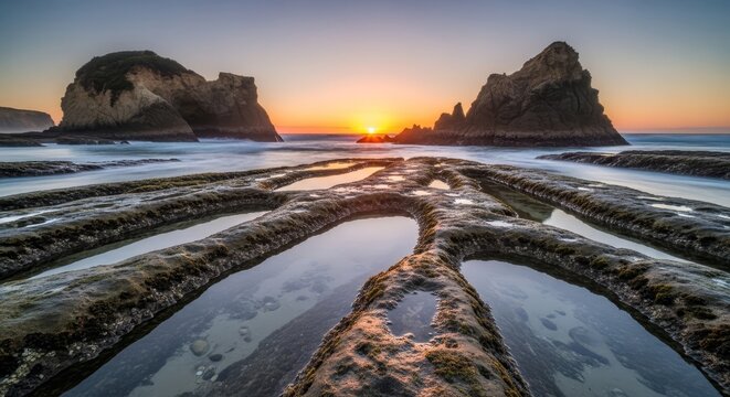 Tranquil beach at sunset with dramatic rock formations and tidal pools reflecting the golden sky.