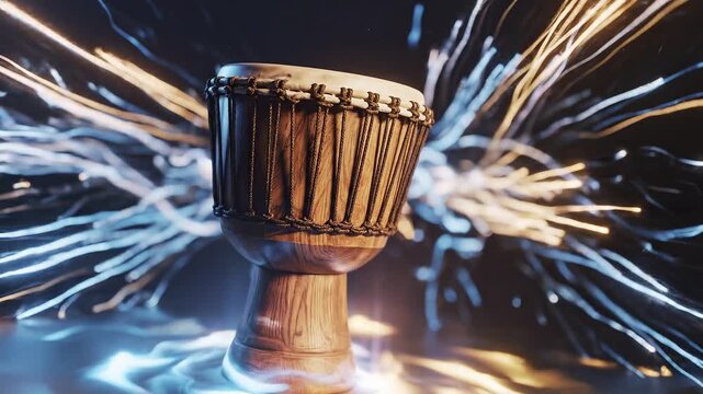 Djembe Drum Animation Rotating with Abstract Light Streaks Background