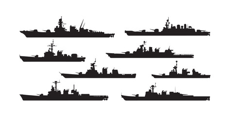 Collection of Naval Warship Silhouettes on White Background © Shohag