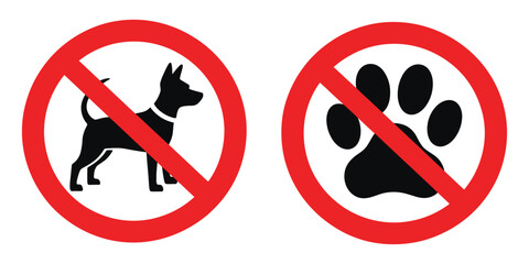 No pets prohibition icon featuring dog silhouette and paw print with red diagonal ban symbol, flat vector illustration for public and private signage. © ABUBOKKORsiddik