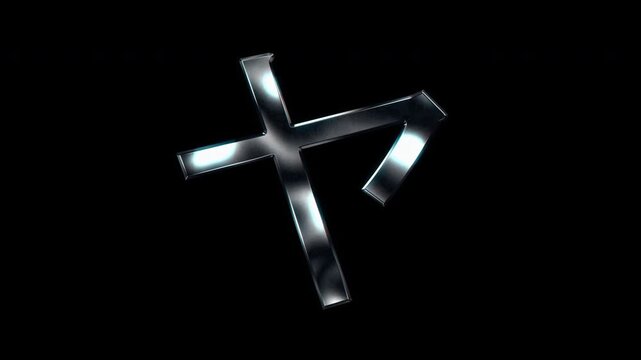 Silver metallic Japanese Katakana "ヤ". Alpha channel. Seamless loop video