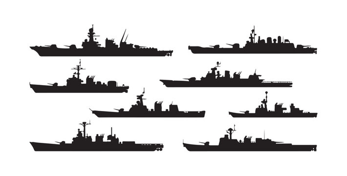 Collection of Naval Warship Silhouettes on White Background