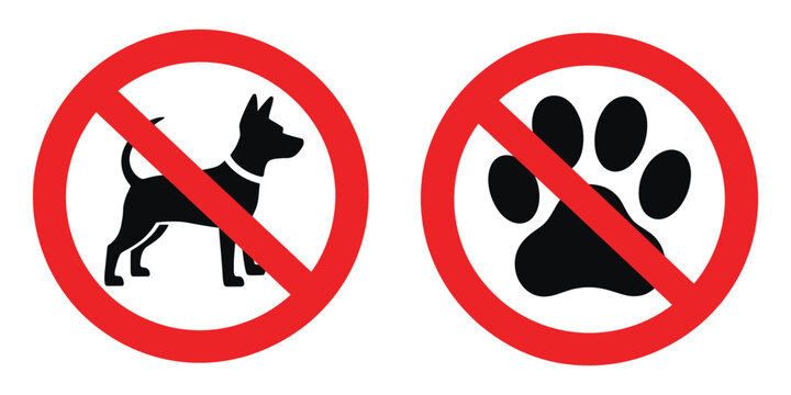 No pets prohibition icon featuring dog silhouette and paw print with red diagonal ban symbol, flat vector illustration for public and private signage.