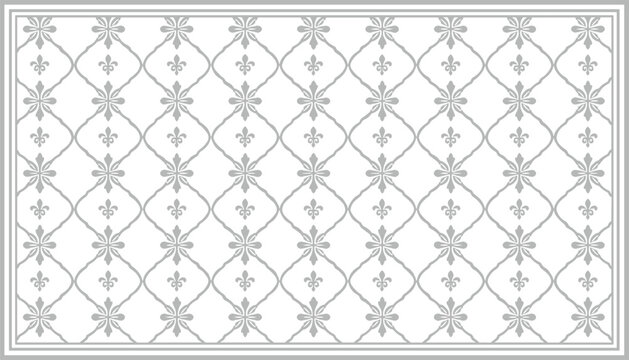 Elegant grey fleur de lis seamless damask pattern background with classic floral ornament for luxury wedding invitation and wallpaper.