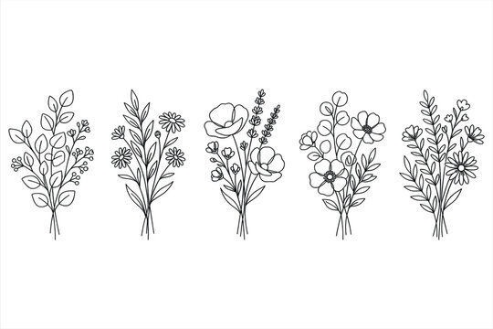 Elegant blackline floral bouquet illustration featuring diverse wildflowers and botanical designs on clean white background