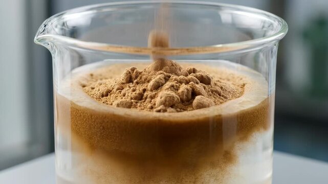 Carob powder slowly dissolving into clear liquid in a glass beaker. Creating a rich brown carob-based sweet mixture.