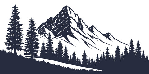 Majestic snowy mountain peak with evergreen coniferous forest silhouette vector illustration national park mountain evergreen silhouette wilderness adventure © AG