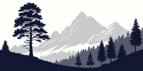 Layered monochromatic mountain landscape with a large silhouette tree in the foreground and a dense coniferous forest vector illustration mountains landscape outdoors © AG