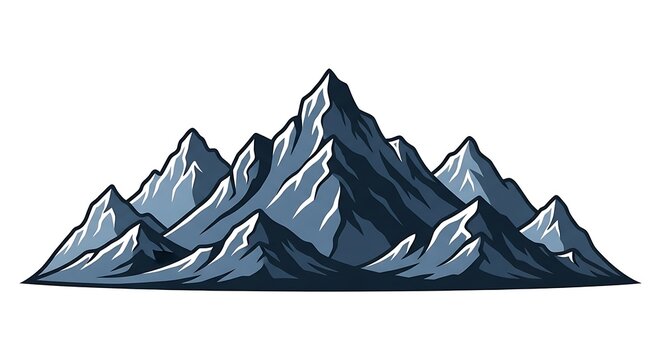 Jagged, snow-capped peaks dominate a dramatic, stylized mountain range illustration