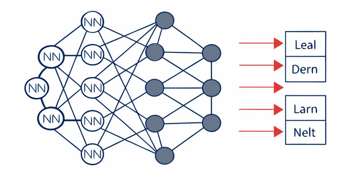Schematic illustration of a multi-layer artificial neural network architecture with input nodes and output classification labels for machine learning and deep learning