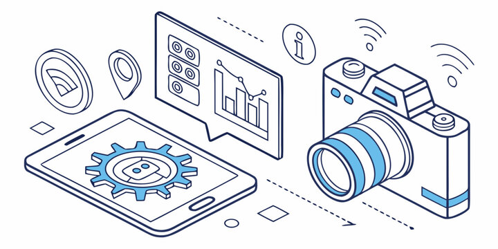 Isometric digital photography workflow concept illustration featuring a camera connected to a tablet with analytical data graphs and gear icons for smart settings