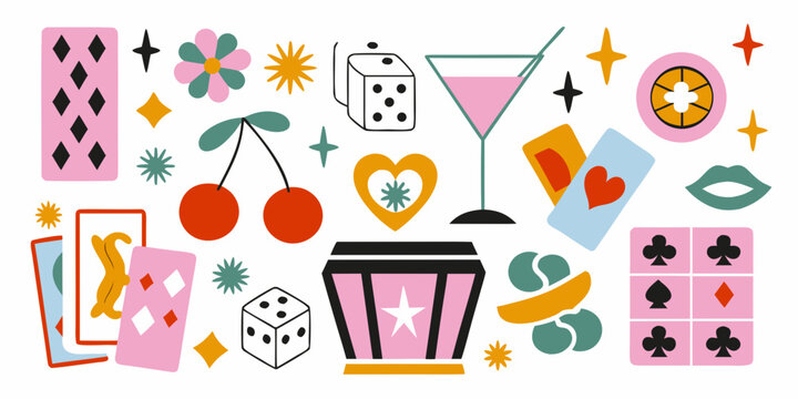 Retro casino elements illustration with dice cherries and playing cards