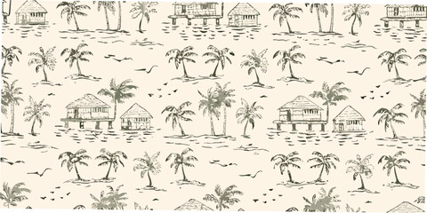 Tropical island huts and palm trees seamless pattern hand drawn style © Piku