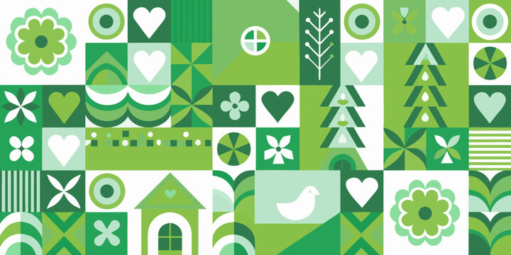 green folk art pattern with hearts birds and floral motifs