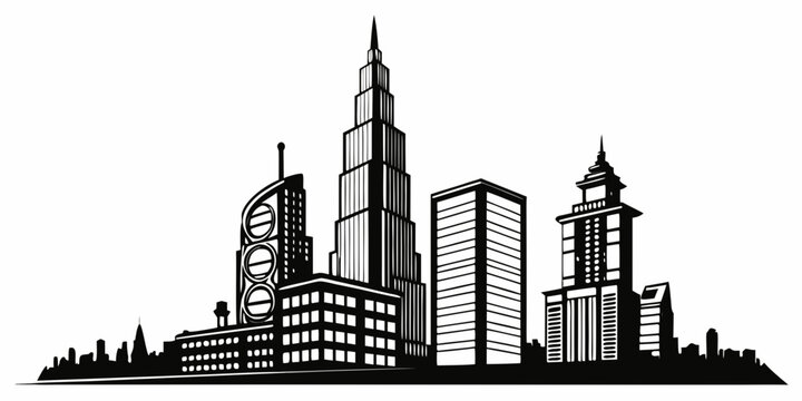 Modern urban city skyline silhouette illustration with diverse group of skyscrapers high rise office buildings and commercial towers in black and white, skyscraper