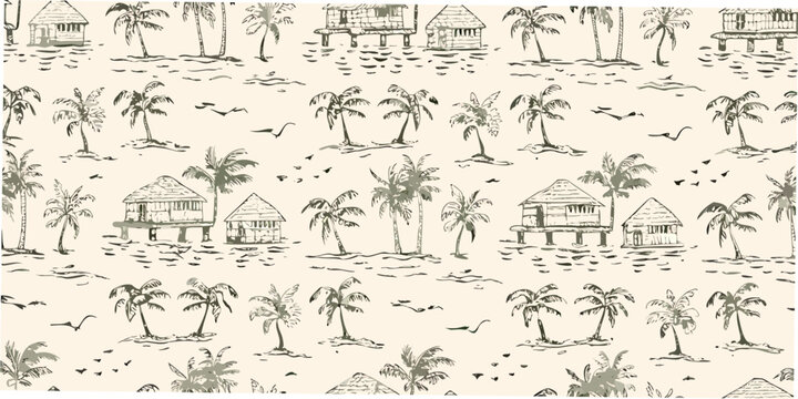 Tropical island huts and palm trees seamless pattern hand drawn style