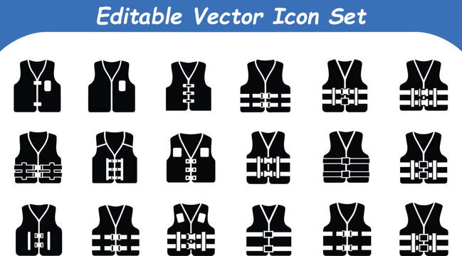 Editable vector icon set of life jackets and personal flotation devices for water safety