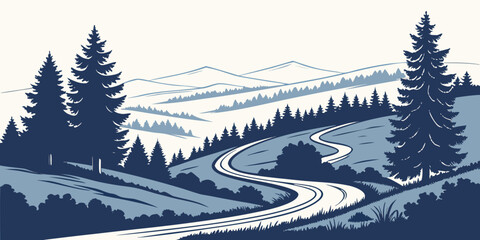 Monochromatic blue mountain landscape illustration featuring a winding road through a dense coniferous forest of pine and fir trees under a clear sky landscape mountain © AG
