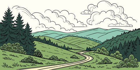 Scenic illustration of a winding road traveling through lush green rolling hills and evergreen forests under a soft cloudy sky for nature and travel themes with landscape © AG