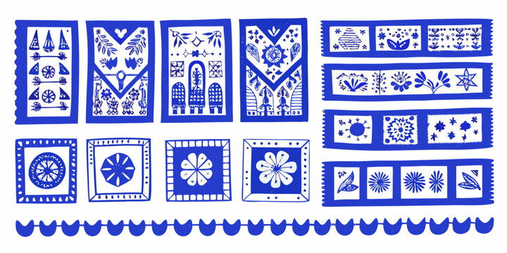blue papel picado banners and floral border traditional mexican art
