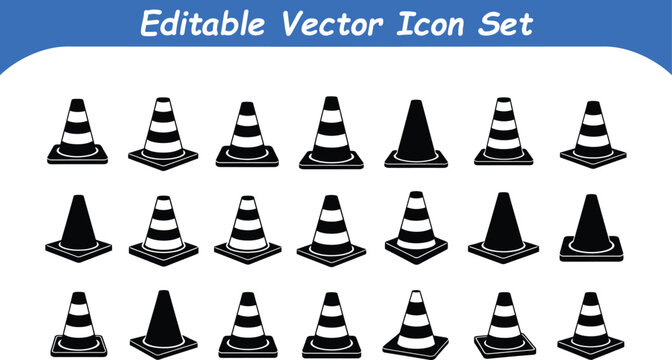 Collection of editable vector icons for traffic cones in various styles and solid black designs