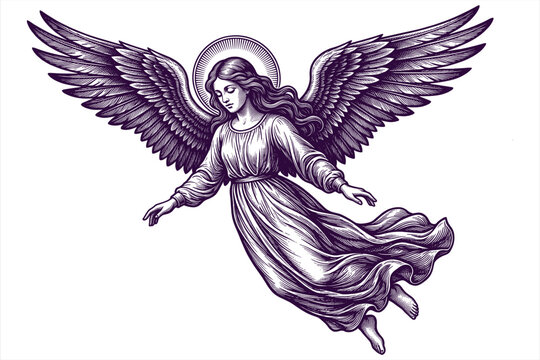 Elegant vintage-style angelic illustration with flowing robes and outstretched wings in deep purple monochrome for spiritual branding design