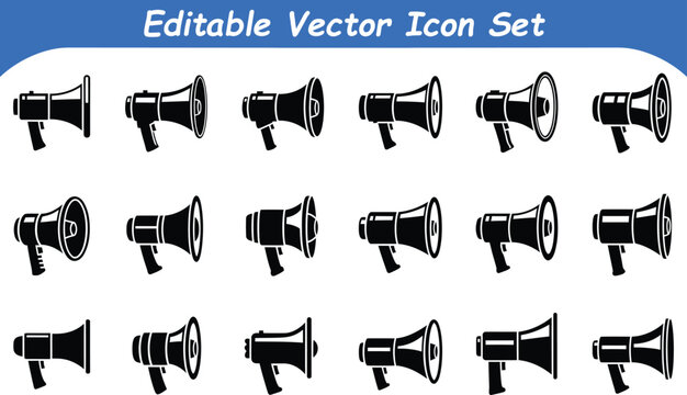 Collection of editable vector megaphone icons in silhouette style with public address, megaphone gra