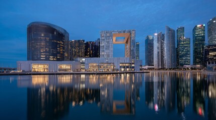 Obraz premium eye level shot of a modern city skyline at dusk with a large body of water in the foreground reflecting the buildings. tall, illuminated skyscrapers dominate the scene