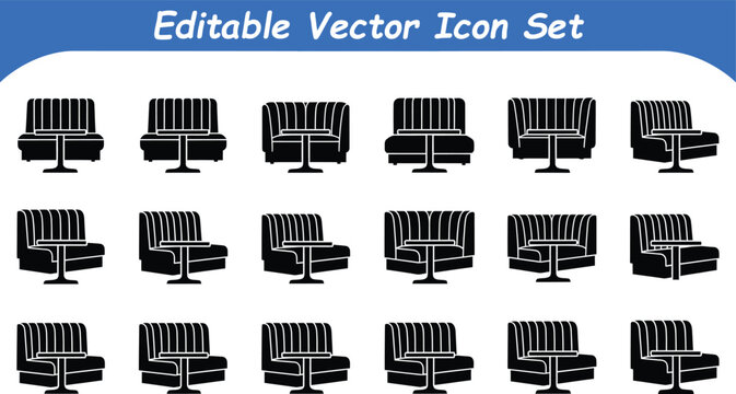 Restaurant booth and table seating furniture vector icon set for diner and cafe layouts