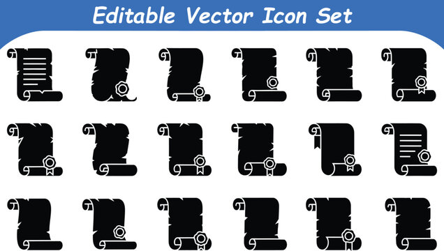 Ancient paper scroll document with add and edit functionality vector icon set document manuscript