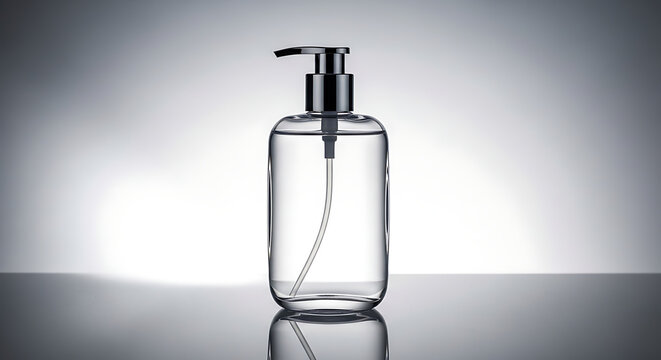 Clear plastic pump bottle with black cap on reflective surface