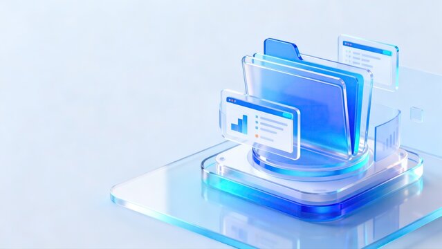 Glassy blue transparent folder with data interface windows placed on clear platform on light background representing cloud file storage and digital document management