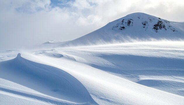 Snowy mountain landscape with wind swept snowdrifts and distant peak under cloudy sky