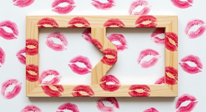 Kiss-covered wooden frame broken and centered on a white background