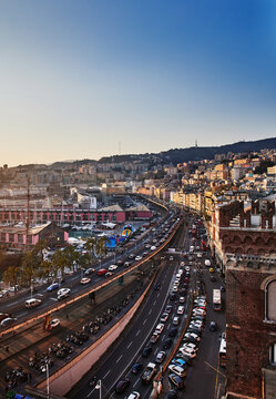 Scenic view of Porto Antico (Old Port) at sunset in Genoa, Italy, Europe 